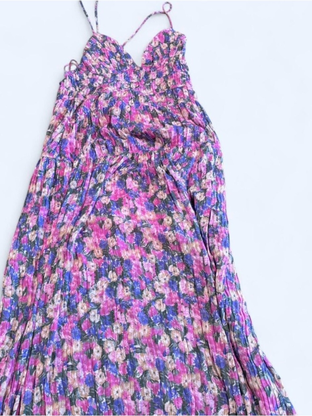 Astr Floral Pleated Maxi Dress in Pink, Purple and Blue
